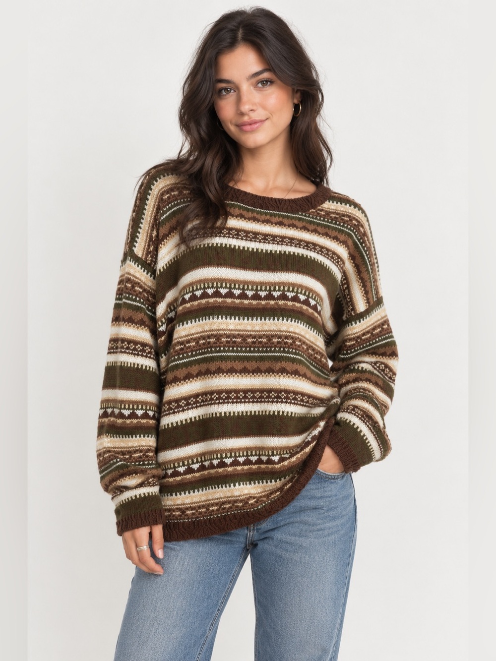 NWT Vintage Charter Club Striped Crewneck Sweater in Brown Cream Olive Large Y2K
